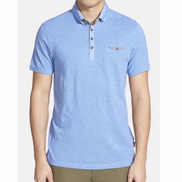 Ted Baker Ovaskep Piqué Polo Collar Slim Shirt Size 2XL Short Sleeve Blue Glee - Picture 2 of 11